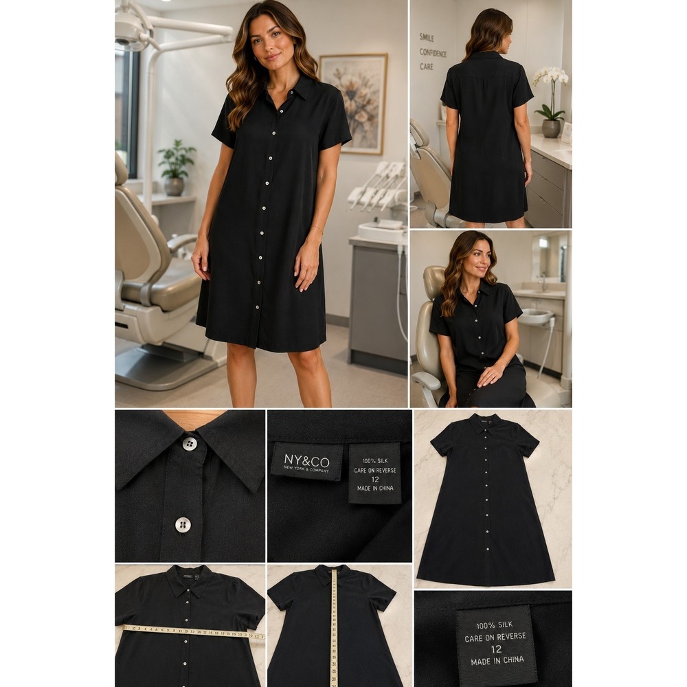 NY&Co 100% Silk Shirt Dress 12 Mother-of-Pearl Button Front Midi‎ Short Sleeve